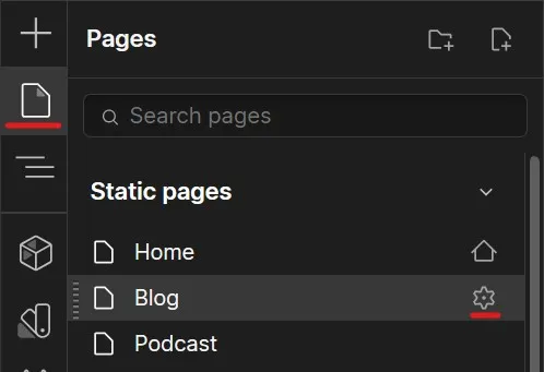 Webflow pages menu with page settings underlined