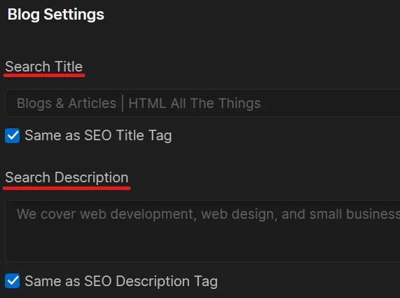 Search Title and Search Description fields in Webflow page settings