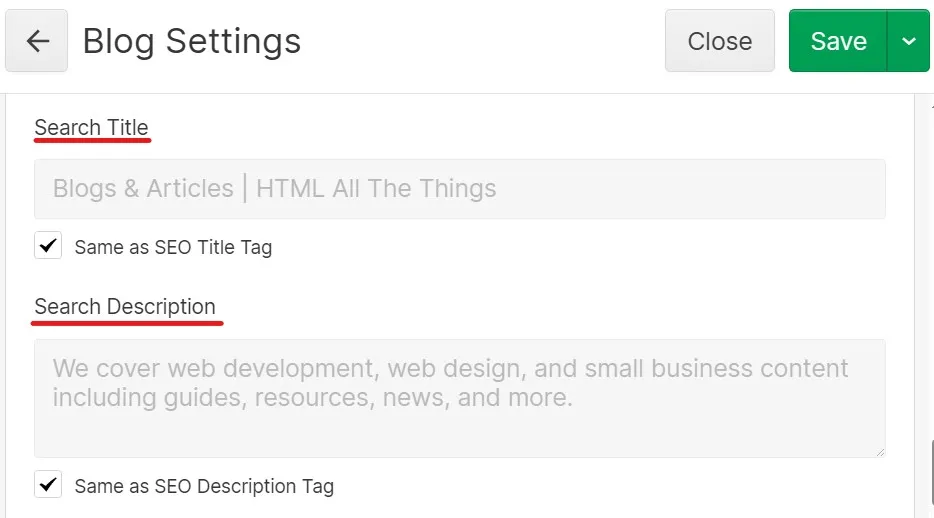 Search Title and Search Description fields in the Webflow Editor page settings