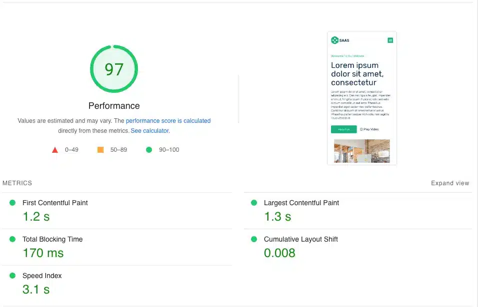 A webpage performance score of 97 is displayed, showcasing impressive metrics for a modern SaaS theme: First Contentful Paint at 1.2s, Largest Contentful Paint at 1.3s, Total Blocking Time at 170ms, Speed Index at 1.3s, and Cumulative Layout Shift at just 0.008. - Clio Websites | Top Canadian Web Design Company