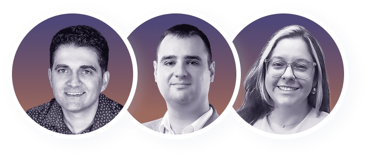Three people, two men and one woman, are shown in circular portraits against a gradient purple and orange background. Their images are arranged with the balanced aesthetic typical of responsive web design. They are all smiling and look straight at the camera. - Clio Websites | Top Canadian Web Design Company