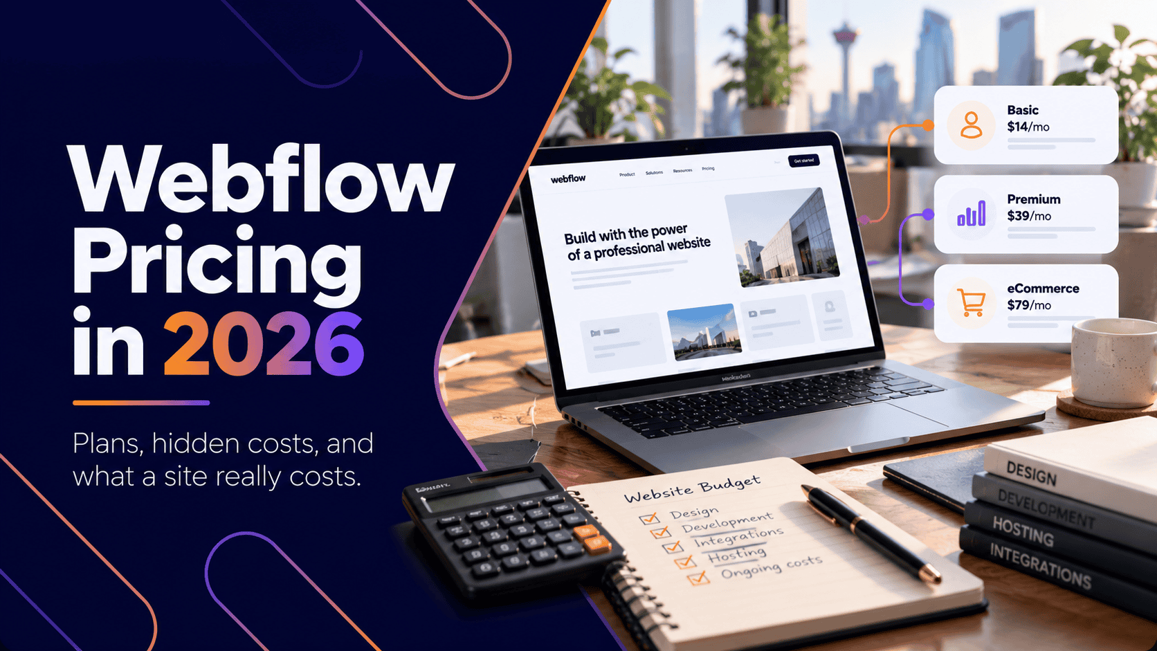 Webflow pricing guide for 2026, showing three subscription tiers ranging from $14 to $79 per month alongside a notepad listing website budget items. - Clio Websites | Top Canadian Web Design Company